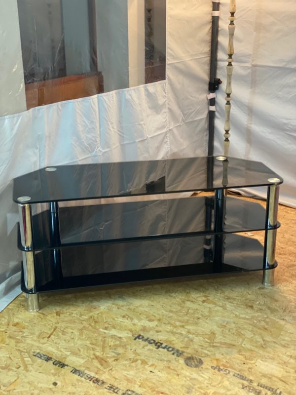 Black and Chrome Glass Three Tier TV Stand