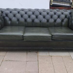 Classic Green button back Chesterfield sofa with matching footstool and two high back armchairs