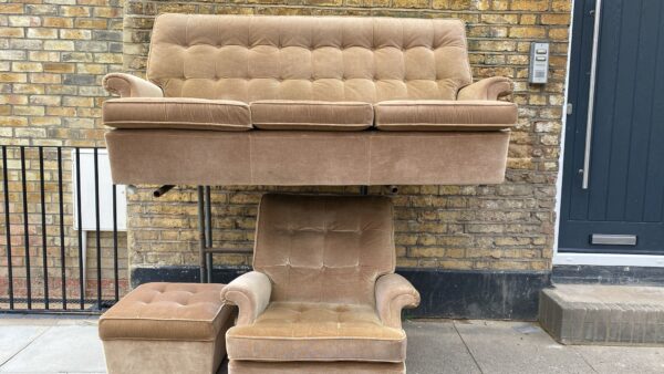 Retro Parker Knoll button back sofa with matching armchair and footstool
