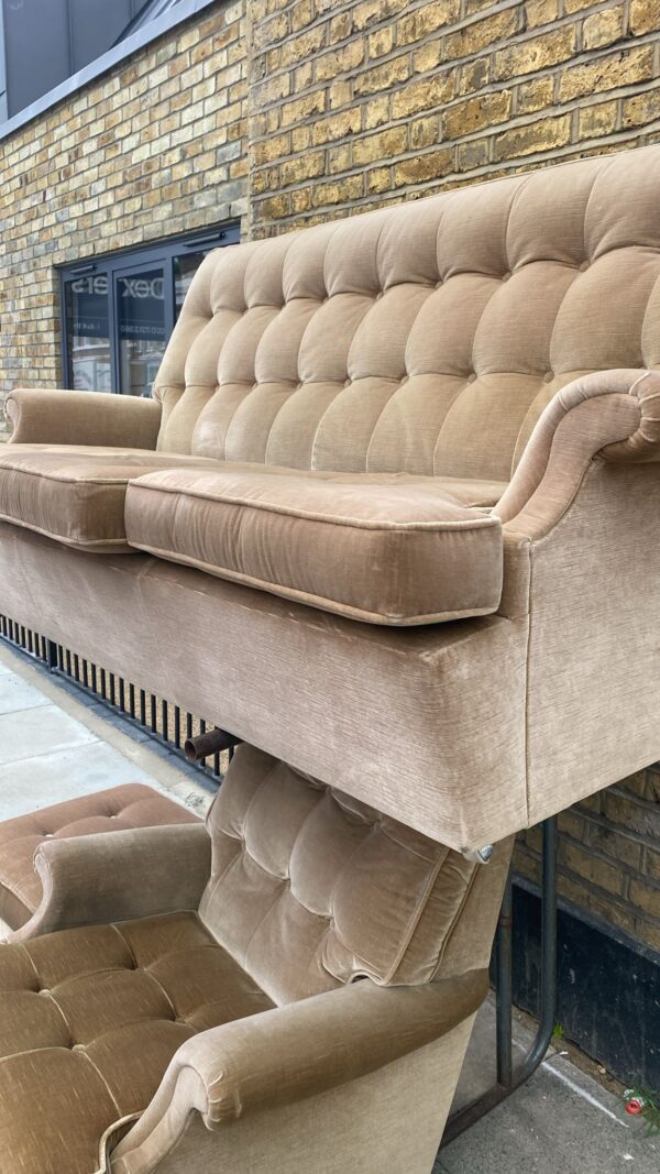Retro Parker Knoll button back sofa with matching armchair and footstool - Image 3