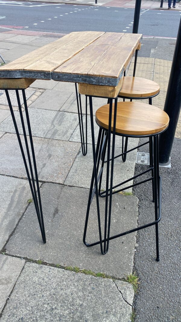 Reclaimed scaffolding boards breakfast bar with two matching stools