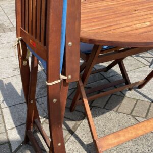 Teak garden folding table with two matching folding chairs